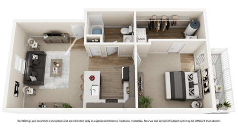 Floor plan for 1 bed, 1 bath, 760 sqft